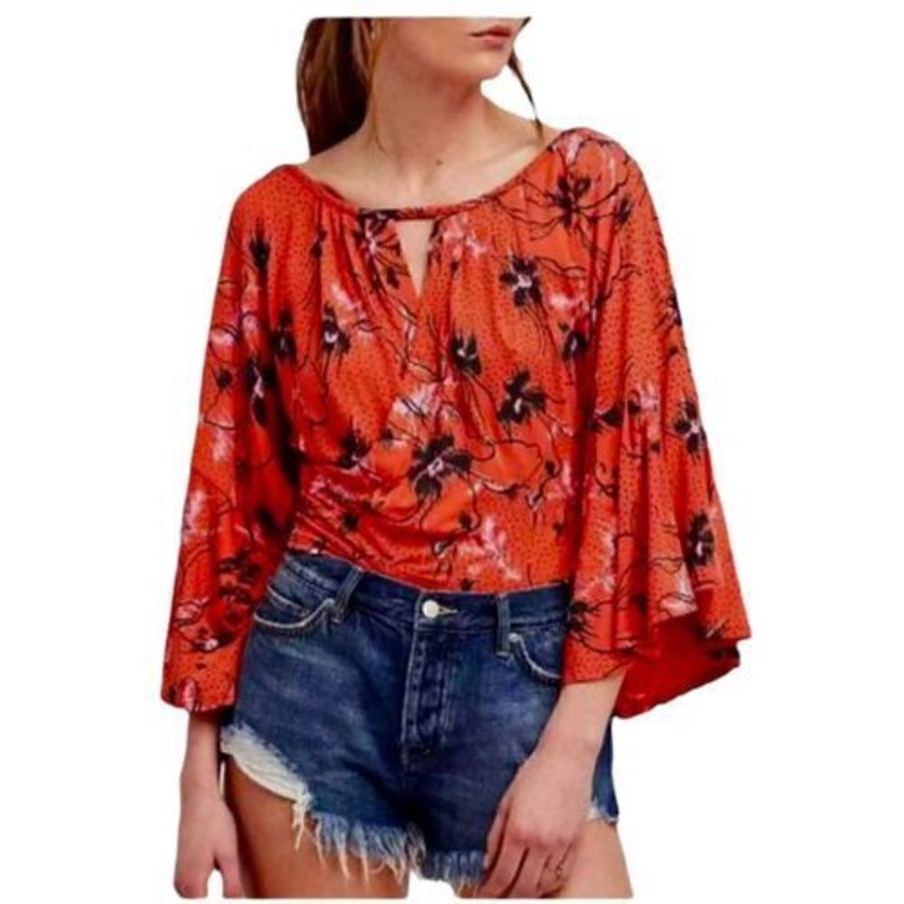 Free People Last Time Floral Blouse Draped Bell Sleeve Wrap Top